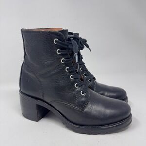 Frye Sabrina 6G Black Leather Lace Up Ankle Boots Vibram Sole Size 7